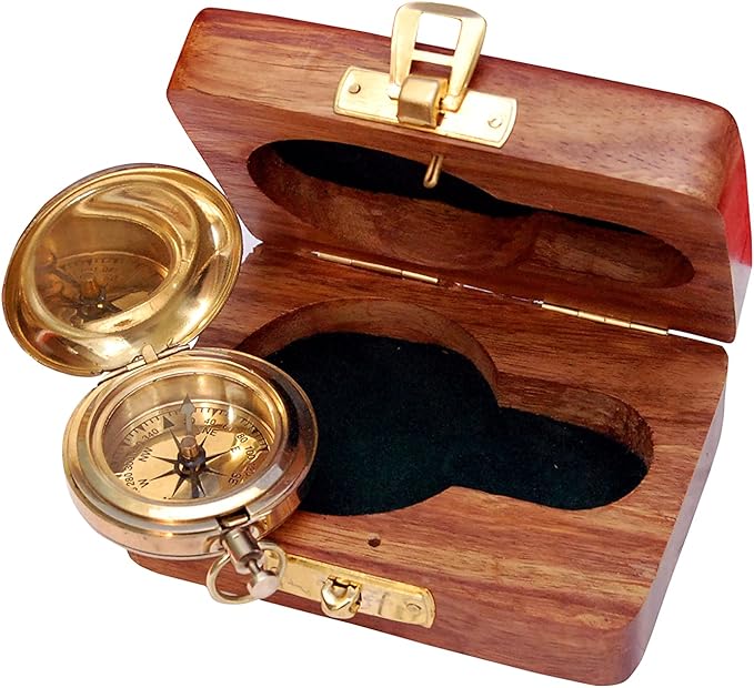 Bazross Brass Nautical Compass with Wooden Case - Antique Brass & Copper Sun Clock for Camping, Hiking, Touring - Engraved Gift for Him - Nautical Clock - Compass Gift