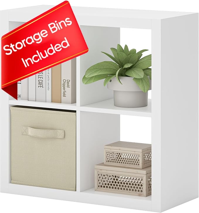 furtble Bookshelf with Storage Bin, 4-Cube Storage Organizer, Modern Wood Open Bookcase, Multifunctional Display Shelf for Living Room, Bedroom, Home Office, White