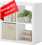 furtble Bookshelf with Storage Bin, 4-Cube Storage Organizer, Modern Wood Open Bookcase, Multifunctional Display Shelf for Living Room, Bedroom, Home Office, White