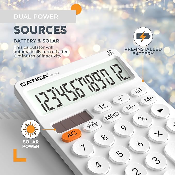 CATIGA 12 Digit Desktop Calculator Basic Desk Calculator with Large LCD Display, Big Buttons, 4 Function, Solar and Battery Dual Power, for Office, School, Home, SD-1292 White