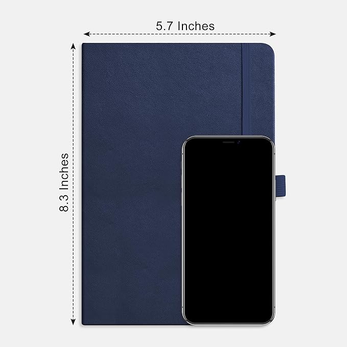 RETTACY Bullet Dotted Journal Notebook, 256 Pages, A5 Medium Size (5.7'' × 8.3''), Leather Hardcover, 120 GSM Thick Paper, for Bullet Journaling, Planning, Tracking (Navy Blue)