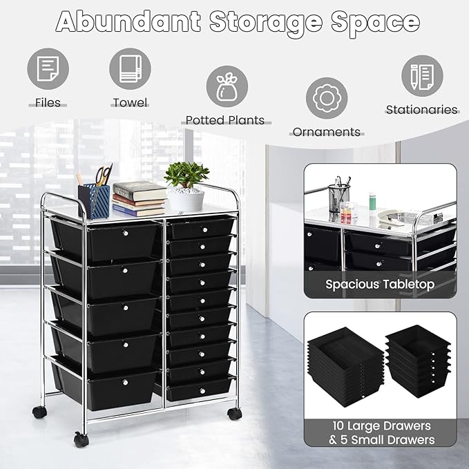 GLACER 15 Drawers Rolling Cart, Storage Cart with w/Removable Drawers & Steel Frame, Multipurpose Organizer Cart w/Sleek Handle, Utility Cart on Lockable Wheels for Home, School, Office (Black)