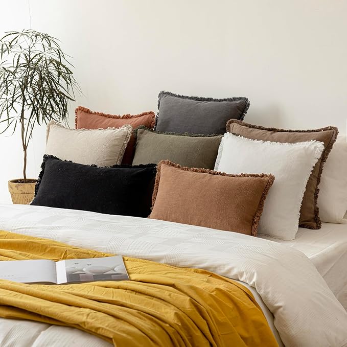 Foindtower Set of 2 Decorative Linen Fringe Throw Pillow Covers Boho Farmhouse Cushion Cover with Tassels Lumbar Accent Pillowcase for Couch Bed Sofa Living Room Home Bedroom Decor,12×24 Inch,Gray