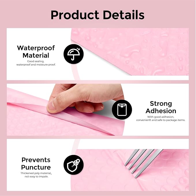 Metronic 40 Pack Bubble Mailers 10.5x16 ", Light Pink, Strong Adhesion Bubble Envelope, WaterProof #5 for Small Businesses, Bubble Mailers Usable Size 10.5x15