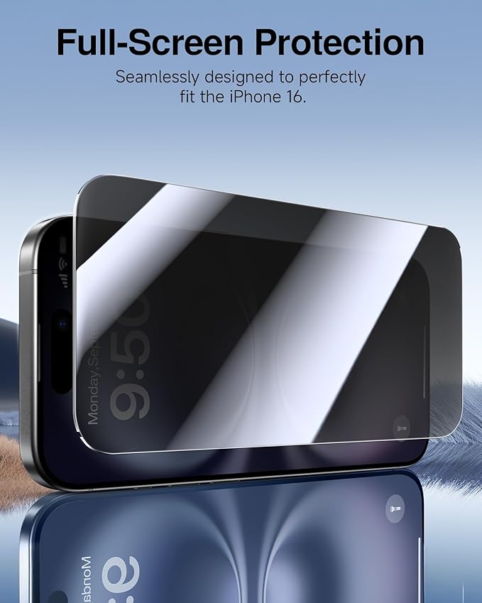 SMARTDEVIL 2 Pack for iPhone 16 Privacy Screen Protector, Military Grade Shatterproof, 9H Hardness, Anti-Spy Tempered Glass, Fast & Easy Instlltion, Case Friendly