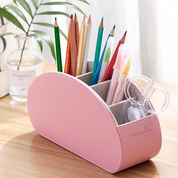 BONNY DODO Remote Control Holders Organizer Box with 5 Compartment PU Leather Multi-functional Office Desk Storage Caddy Store Tv Remote for Media Player,Brush,Pencil,Glassees&Office Supplies (Pink)