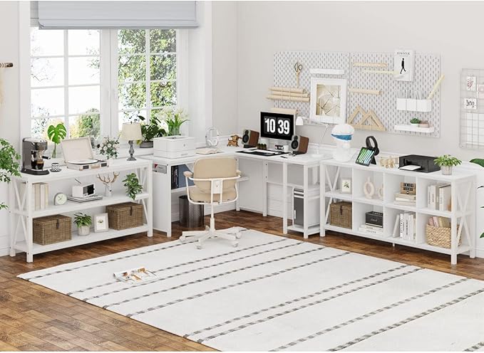 FATORRI 8 Cube Storage Organizer Bookshelf, 62 Inch Rustic Wood Horizontal Bookcase, Industrial Cube Long Book Shelf for Living Room (White Oak)