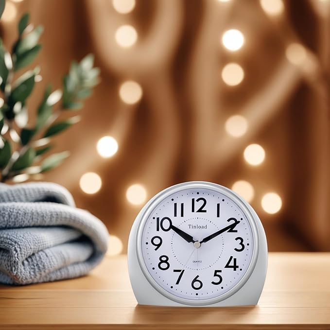 Tinload 5.5" Large Analog Alarm Clock Silent Non Ticking, Gentle Wake, Beep Sounds, Increasing Volume, Battery Operated Snooze and Manual Light, Easy Set,Silver(Best for Elder)
