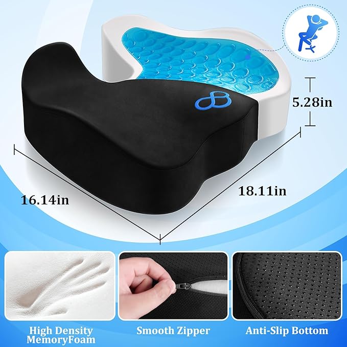 CushyOasis Seat Cushion, Gel Chair Cushions, Office Chair Cushions, Anti-Slip Bottom & Removable Cover Tailbone Pain Relief Cushion, Memory Foam Seat Cushion, 5.28 in Thick (Black)