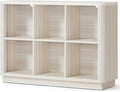 Joaxswe 6 Cube Bookcase, 40" Wide Low Horizontal Book Shelf Curved Edge, Wood Floor Standing 2-Tier Bookshelf with Base, Modern Short Storage Cabinet Book Case for Bedroom,Office, Grey-White Cream Oak