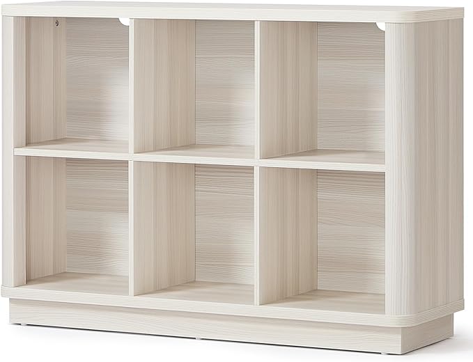 Joaxswe 6 Cube Bookcase, 40" Wide Low Horizontal Book Shelf Curved Edge, Wood Floor Standing 2-Tier Bookshelf with Base, Modern Short Storage Cabinet Book Case for Bedroom,Office, Grey-White Cream Oak