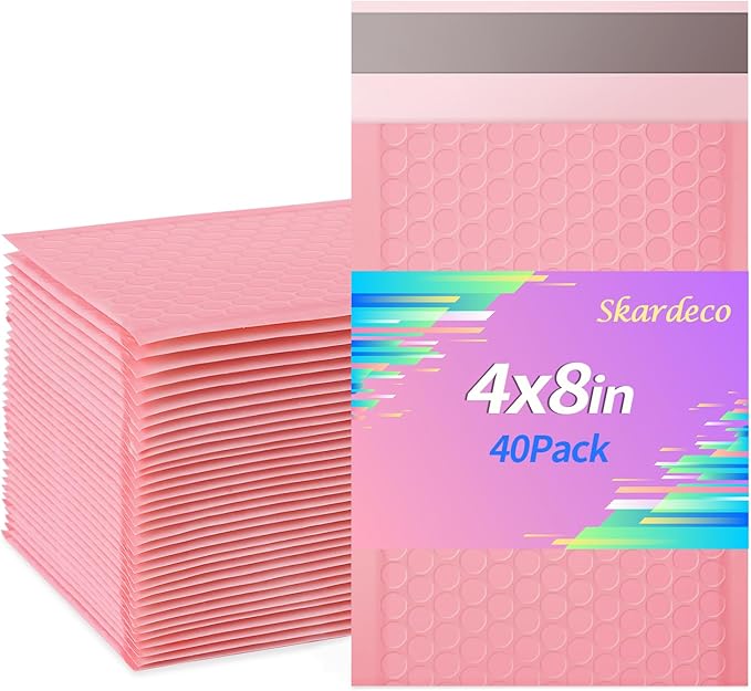 skardeco 4x8 Inch Pink Bubble Mailers 40 Pack Self-Seal Poly Padded Envelopes Suitable for Small Businesses to Package and Mail Jewelry Cosmetics, Electronic Products, Cards (Pink, 4 x 8-40)