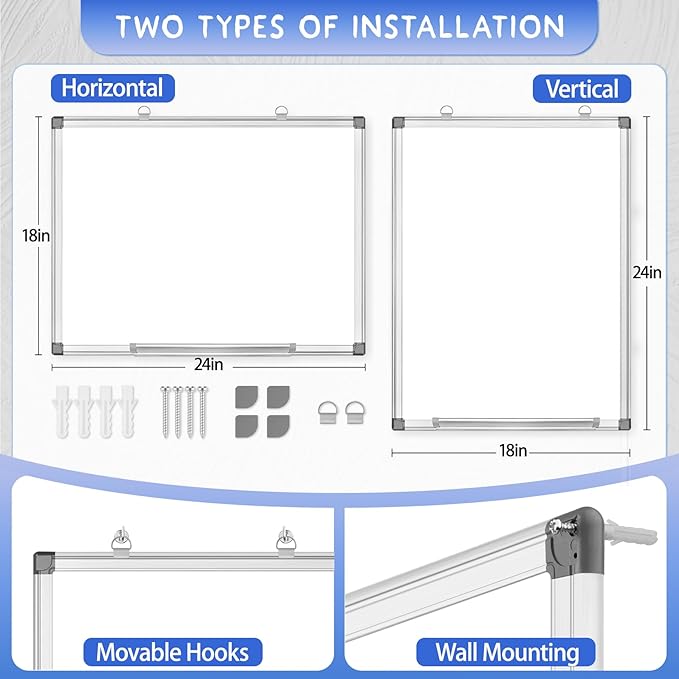 Grtard 24" x 18" Magnetic Dry Erase Whiteboard for Wall, Hanging Magnetic White Board with Marker & Magnets, Smooth Writing Dry Erase Board for Office & Home, Christmas Practical Gift Idea
