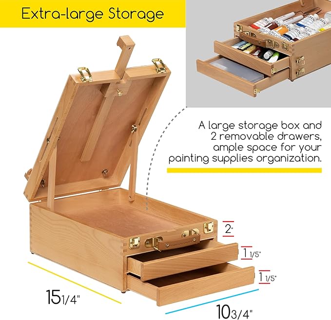 MEEDEN Large Tabletop Easel Sketchbox, Adjustable Solid Beech Wood Desktop Easel Box, Travel Easel for Artists, Table Top easels for Painting, Wooden Art Storage Box for Artist, Adults & Beginners