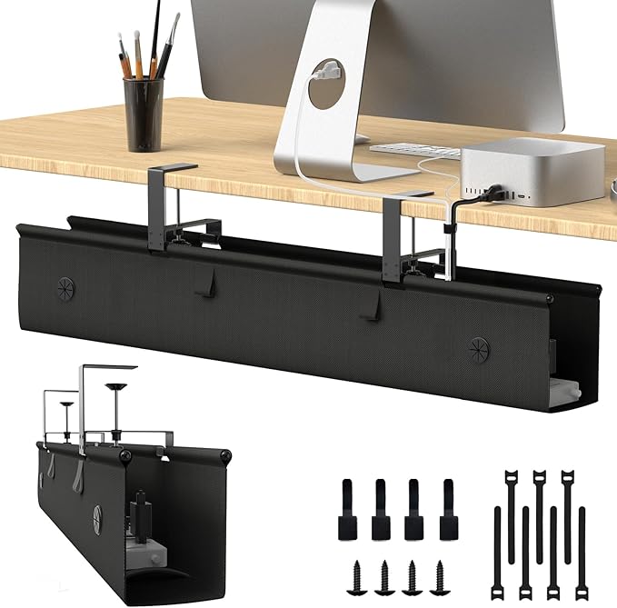 KIGJU Under Desk Cable Management Tray, 40-inch No-Drill Cord Organizer with Anti-Sag Reinforced Base, Fabric Wire Management Hider for Standing Desk, Office & Gaming Accessories - Black