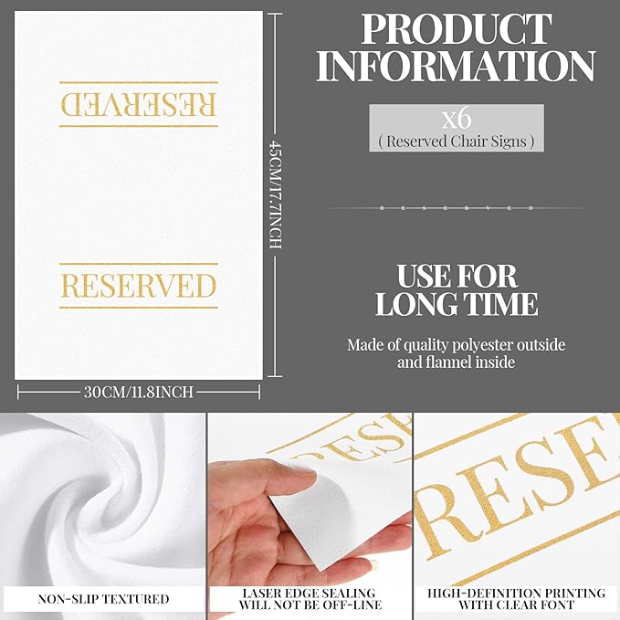 Buryeah 6 Pcs Reserved Seating Signs for Chairs Church Pew Reserved Chair Signs Placeholder with Printed Words for Weddings Parties Celebrations Receptions Church or Event (White,Gold)