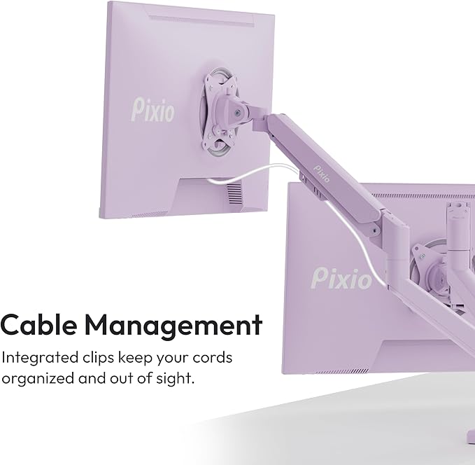 Pixio PS1D Wave Purple Dual Monitor Arm Stand Desk Mount - Fits up to 32 inches Monitors and up to 19.8lbs. VESA Compatibility and Integrated Cable Management