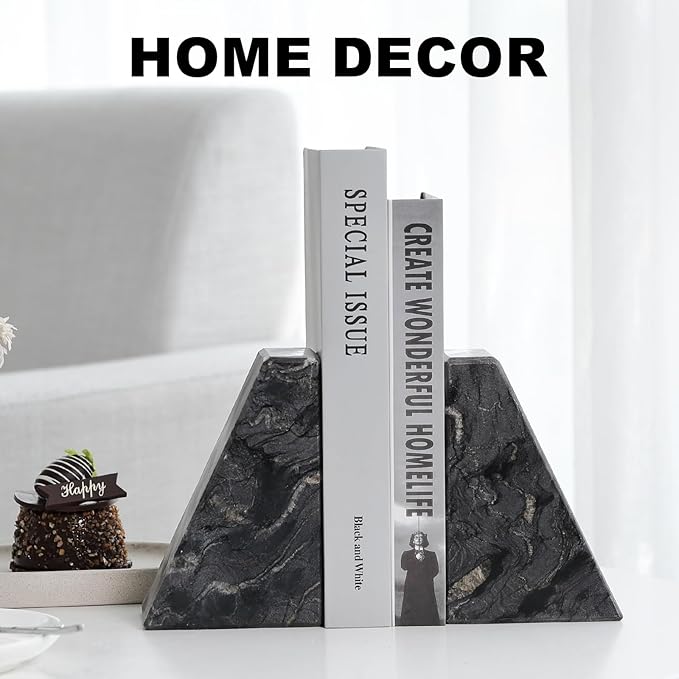 Karibiber Marble Bookends for Heavy Books, Decorative Book Ends for Shelves, Titanium Black Stone Durable and Heavy-Duty Book Ends for Hardback Books & CDS, Unique Book Stopper & Holder, Set of 2