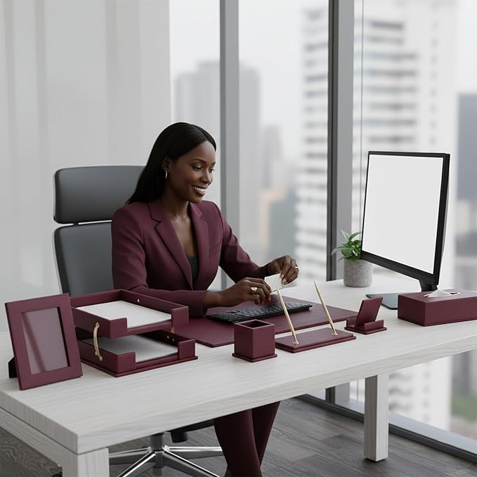RitPin Desk Set，11-Piece Leather Desk Organizer Set, Executive Office Accessories with Desk Pad & Blotter, 2-Tier Tray, Pen Holder & More, Professional Office Desk Decor & Gift Set (Burgundy)