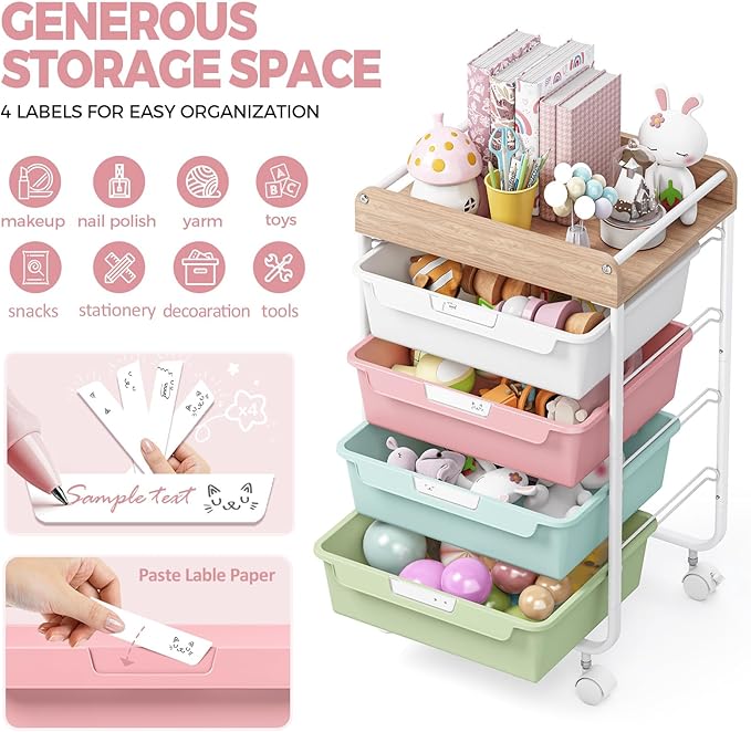 Rolling Storage Utility Cart With 4 Drawers,Kids Craft Art Cart,Makeup Organizer And Storage with Wooden Tabletop,Rainbow