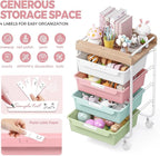 Rolling Storage Utility Cart With 4 Drawers,Kids Craft Art Cart,Makeup Organizer And Storage with Wooden Tabletop,Rainbow