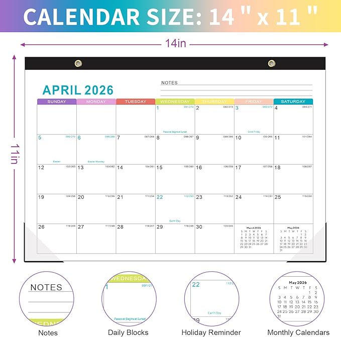 Gannyfer Desk Calendar 2026, Fridge Calendar Magnet, 18 Monthly Small Yearly Desk/Wall 2026 Calendar, Use Now to Dec 2026, 14" x 11", with Plastic Cover Corner Protectors Hanging String, 2025-2026 Desk Calendar for Office, Home and School (3 Sticker)