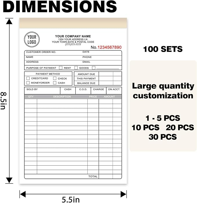 Custom Invoice Book with Logo 50 Set Personalized Receipt Books Customized Invoices for Small Business 3 - Parts Carbonless Duplicate Invoice Forms NCR Books