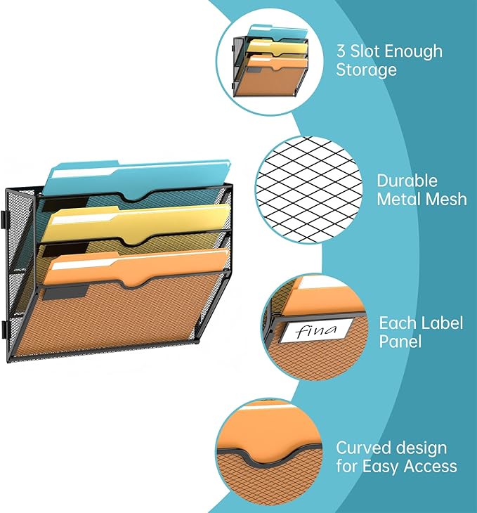 SUPEASY Wall File Organizer Mesh Office Mail Holder, Hanging Wall Organizer Magazine Rack for Office Black, 3 Tier