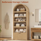 81" Tall Arched Cabinets,Bookcase with Drawer storage,Mid-Century Modern 5-Tier Bookshelf,2 Book Risers and Adjustable Shelves offering more storage space for Living Room,Kitchen,Home Office,Oak