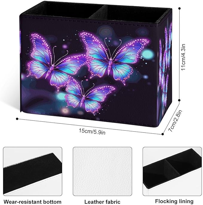 Famame Flying Butterflies Purple Pencil Holder for Desk, Leather Desktop Container Pen Cup Storage Study Table Pen Organizer Makeup Brush Holder for Classroom Office Home