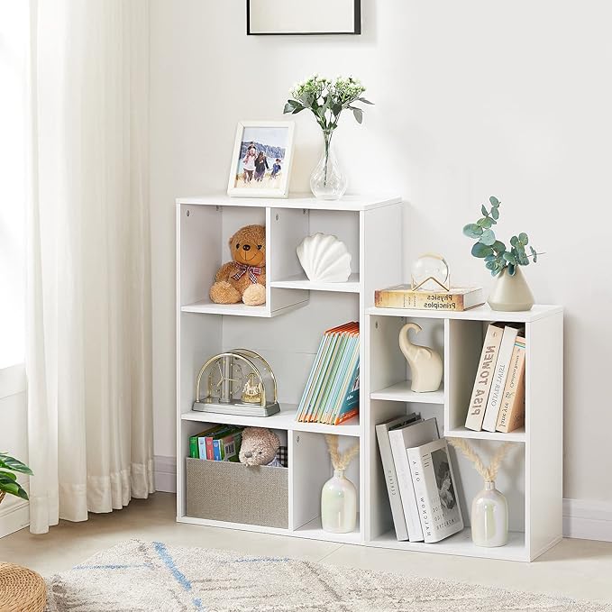 VECELO Wide Bookshelf Set, Fits 9.3" × 10-12.8" Hardcovers, Cube Storage Bookcases, Free-Standing for Living Room, Bedroom, Home Office, 2/3-Tier, 2-Pack, White