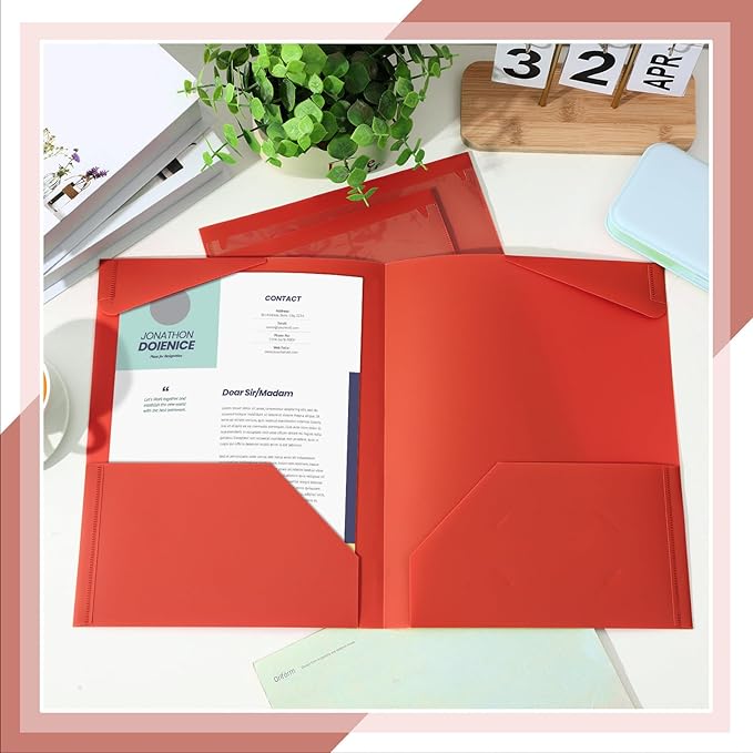 Henoyso 18 Pcs Plastic Folders with Clear Front Pockets Heavy Duty File Folders with 2 Pockets and Card Slot for Student Communication School Office Presentation Report (Red)