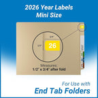 2026 MINI Year Labels, Doctor Stuff 2026 Chart Stickers, Yellow Color Coded, Ames Small Style, USA Made Year Stickers for End Tab File Folders, 500/Roll, 1 Roll, 1/2" x 1-1/2"