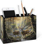 Famame Two Deer Autumn River Pencil Holder for Desk, Leather Desktop Container Pen Cup Storage Study Table Pen Organizer Makeup Brush Holder for Classroom Office Home