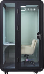 GEARONIC Solo Office Sound Booth Pod Audio Privacy, Mobile Roller with Desk, LED Light, Fans and AC USB Ports (Black Obsidian)