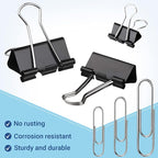370 PCS Paper Clips and Binder Clips Set – Assorted Sizes Metal Clips (28-50mm Paper Clip + 15-25mm Binder Clip), Office Supplies for Home School
