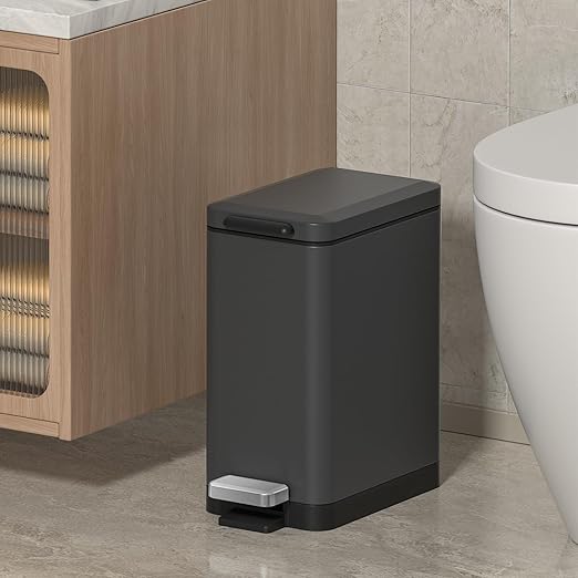 Mbillion Bathroom Trash Can with Lid Slim Stainless Steel Small Bathroom Garbage Can 10 Liter, 2.6 Gallon Soft Close, Step Pedal, Slim Wastebasket for Toilet, Office, Bedroom,Dark Grey