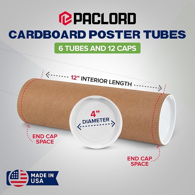 4" x 12" Reinforced Kraft Paper Mailing Tubes, Pack of 6 Tubes with 2 Caps Each – USPS Approved Poster Tube – Made in USA Cardboard Tube for Shipping and Storing Posters, Prints, Artwork, or Documents