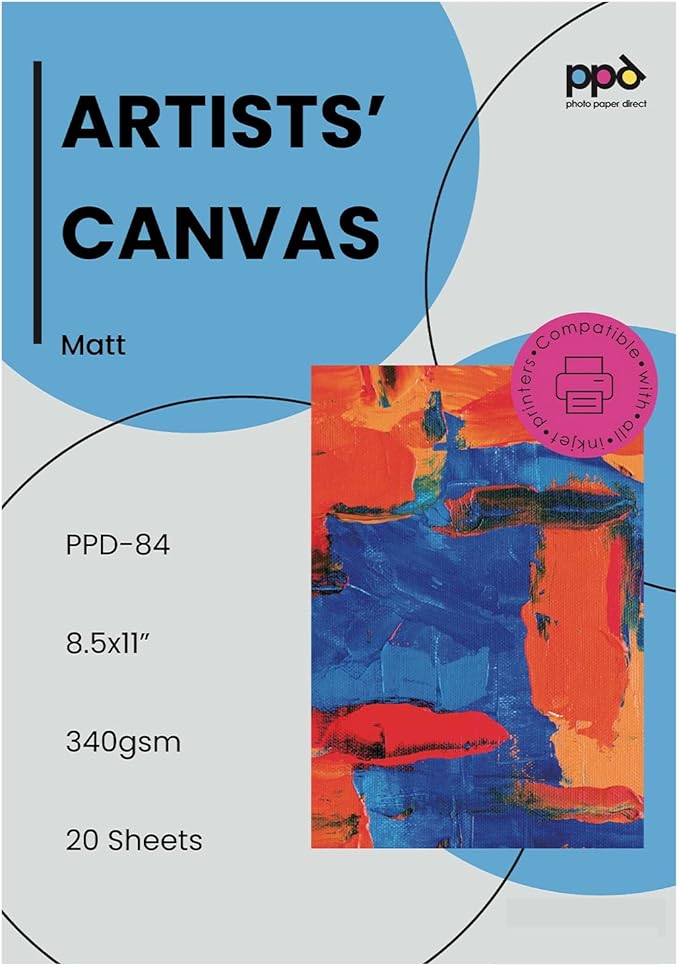 PPD Printable Fabric Sheets, Canvas Paper for Inkjet Printer, 8.5 x 11" Photo Fabric Printer Sheets, Print On 100% Real Cotton, Matte Finish, No Watermark, 340 gsm 125 lbs (20 Sheets)