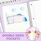 SUNEE Spiral Notebook, 1-Subject, Wide Ruled Paper, 8" x 10-1/2", 100 Sheets per Notebook, 3-Hole Punched Paper, Water Resistant Cover, Double-sided Pockets, Spiral Lined Notebooks for School, Purple