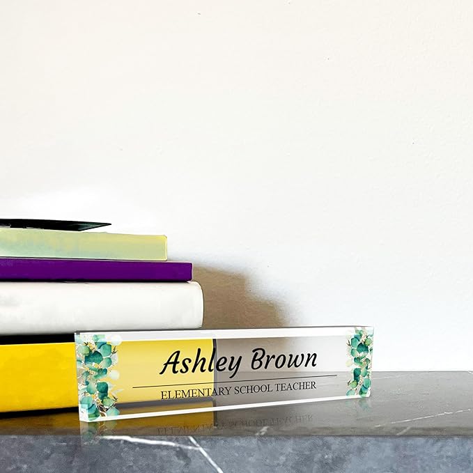 Signs ByLITA Floral Pattern Customized Nameplate | Eucalyptus Personalized Full Color Acrylic Desk Sign