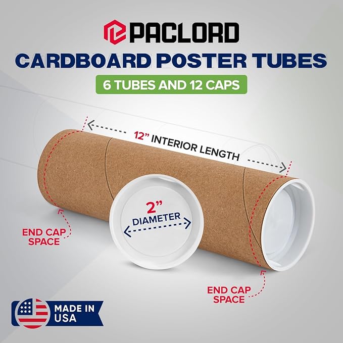 2" x 12" Reinforced Kraft Paper Mailing Tubes, Pack of 6 Tubes with 2 Caps Each – USPS Approved Poster Tube – Made in USA Cardboard Tube for Shipping and Storing Posters, Prints, Artwork, or Documents