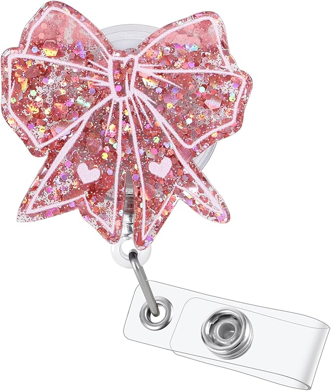 Cute Pink Bow Badge Reel | Retractable ID Card Badge Holder | Name Tag Work Badge Clip for RN LPN CNA MA ER Night Shift Nurse Nursing Student Doctor Teacher | Nurse Gifts | Acrylic｜Alligator Clip