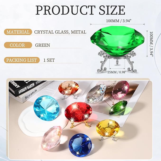 PATIKIL Diamond Crystal Paperweight, 100mm / 3.94" Crystal Paperweight Paper Weight with Silver 25 Metal Base for Home Office Desktop Table Decor Wedding Party Ornaments, Green