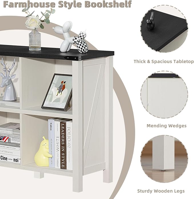 Joaxswe Farmhouse 6 Cube Bookshelf, Antique White & Black Wooden Storage Organizer Book Shelf, 47" Cubby Hallway Bookcase, Kids Toy Storage Cabinet, Modern Open Book Case for Living Room, Playroom