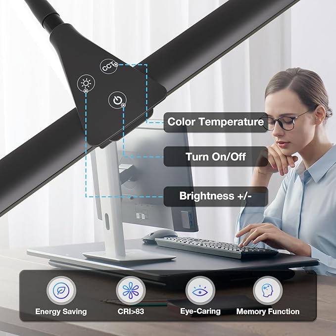Hensam Desk Lamp for Home Office, Double Head Desk Light with Clamp, Dimmable 5 Color Modes Task Lighting, Eye-Caring Architect Table Lamp for Workbench, Dual Monitor, Study, 1400lm