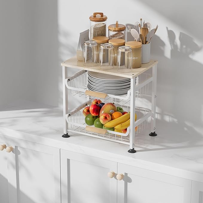 NiuYichee 3-Layer Kitchen Fruit Storage Basket Snack Rack, countertop Storage Rack, Stackable Storage Rack with Desktop, Pull-Out Hollow Metal Storage Basket with Handle, Kitchen Organizers & Storage