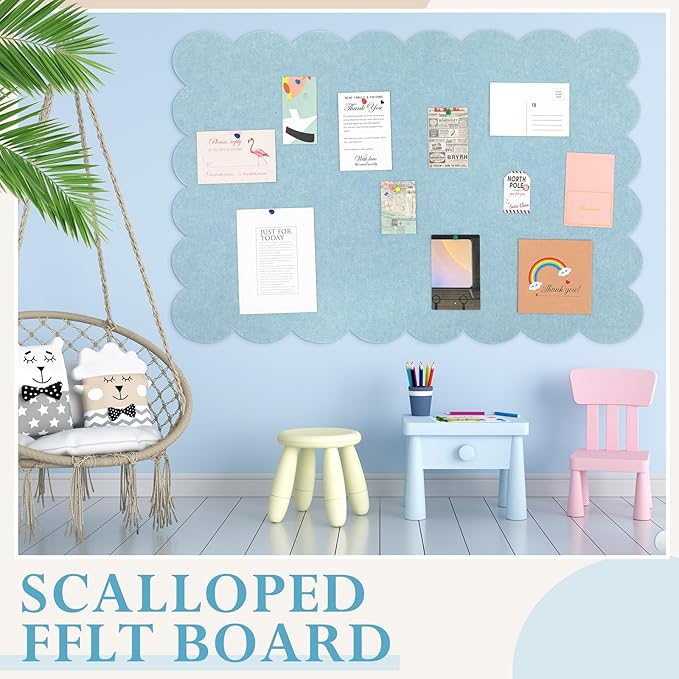 Mooliwe Scalloped Felt Bulletin Board 48 x 36 Inches Foldable Light Blue Pin Cork Board Alternative for Wall, 4' x 3' Trifold Picture Vision Self Adhesive Bulletin Decorative