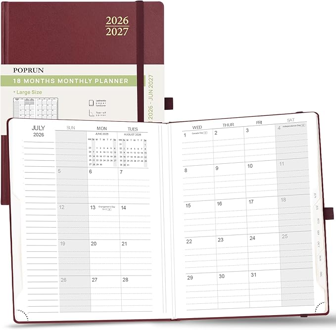 POPRUN Monthly Planner 2026-2027, Large-8'' x 10'', 18-Month Calendar Book (Jan.26 - Jun.27), Calendar Planner with Monthly Tabs, Storage Pocket, Hardcover, 100 GSM Paper - Burgundy