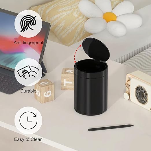 Mini Trash Can for Desk with Pop Up Lid,1.5L Tiny Trash Can for Desk, 0.4 Gal Stainless Steel mini Desk Trash can with Lid，Small Counter Garbage Bin with 1 Roll Bags for Bathroom,Office(Black)